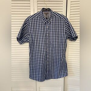 Eddie Bauer Navy and White 100% Cotton Plaid Short Sleeve Shirt Large Tall